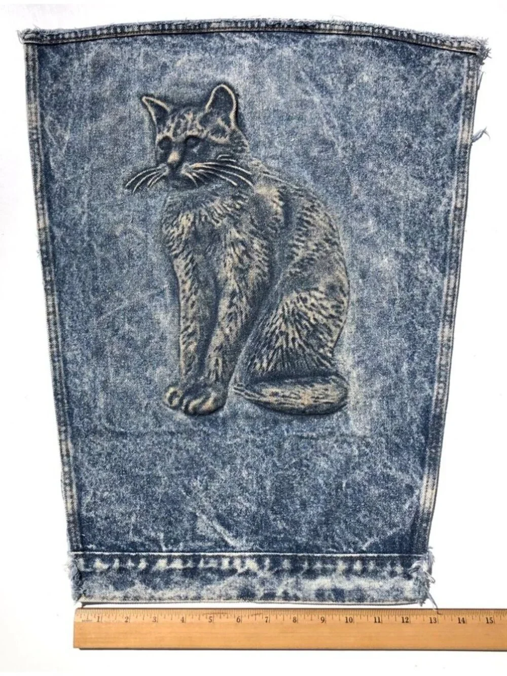 Vintage 90s TYCA 3D Embossed Denim Jacket Cut Panel Piece Cat Art DIY Craft USA